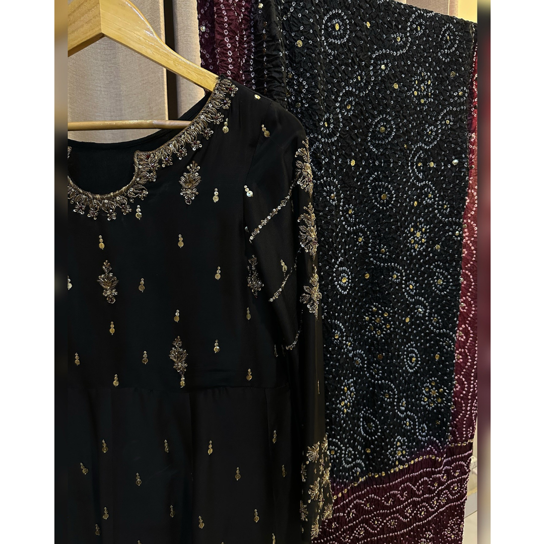 Embellished neckline detail on black sheesha silk kalidaar dress