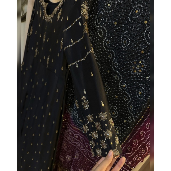 Gold embroidered sleeve detail on black sheesha silk kalidaar