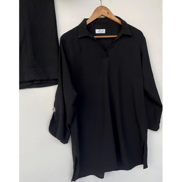 Black textured georgette co-ord set with relaxed collar neckline