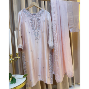 A pastel pink hand embellished, sheesha silk dress.