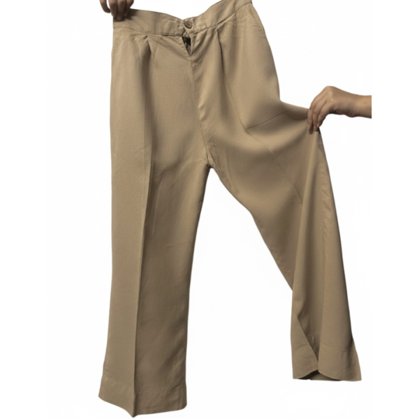 Beige cotton wide-leg pants with pleated front and button waistband