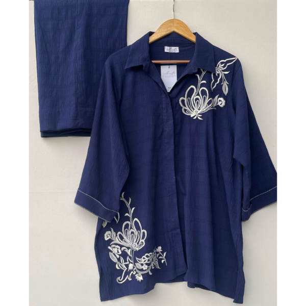 Deep blue textured georgette co-ord set with white floral embroidery