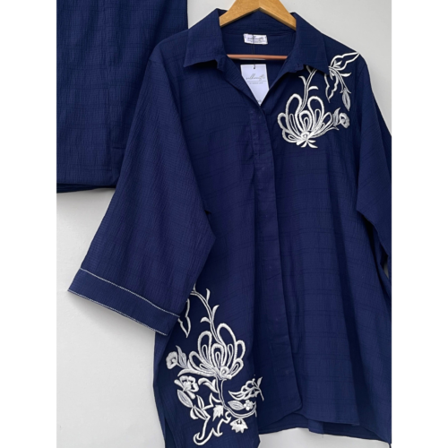 premium-deep-blue-embroidered-textured-georgette-coord-set-silhouettebysl-main Deep blue embroidered georgette matching set with wide sleeve design