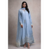 Model wearing Opal Elise pastel blue embroidered sheesha silk kaftan with dupatta