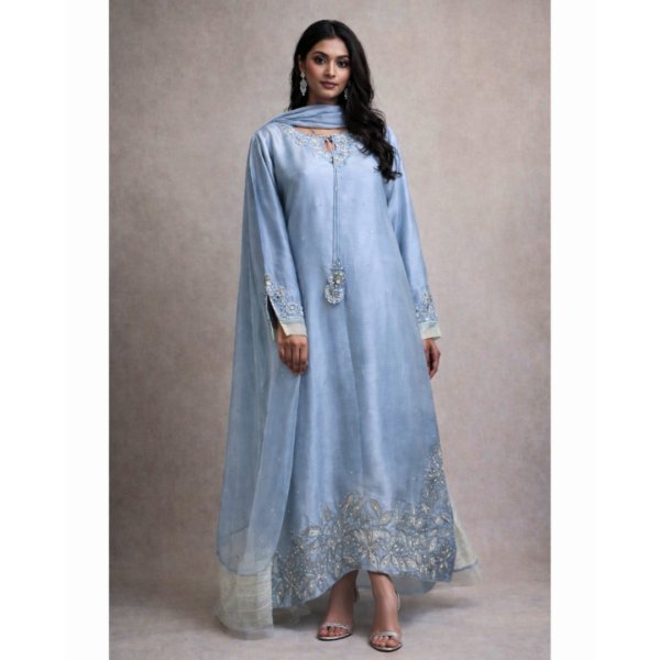 Model wearing Opal Elise pastel blue embroidered sheesha silk kaftan with dupatta