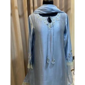 Sheesha silk fabric texture with chan embellishment on Opal Elise kaftan on Silhouette by SL