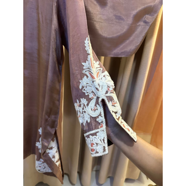 Ivory aari embroidered sleeve detail on mocha brown silk kurta